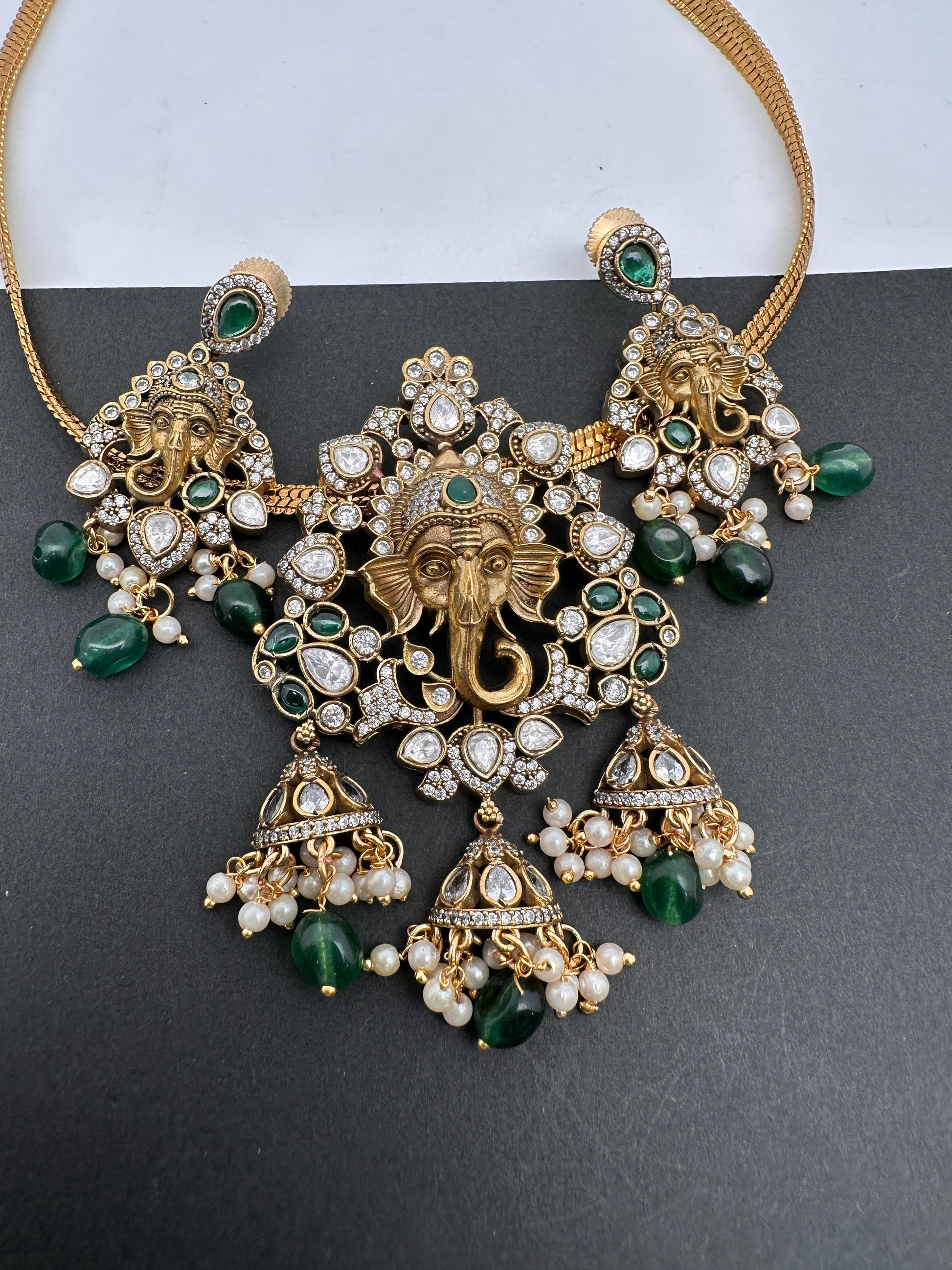 Ganesha Nakshi Color Stone Kundan Victorian Mehndi Finish Pendent Set - Green