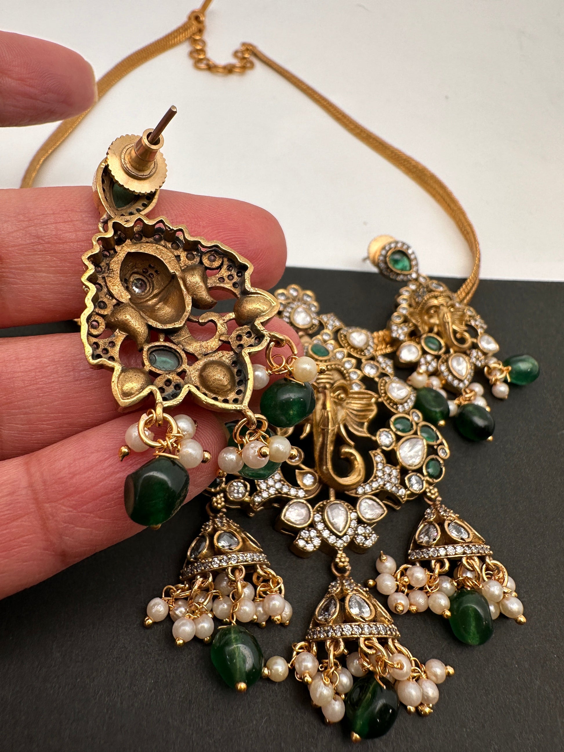 Ganesha Nakshi Color Stone Kundan Victorian Mehndi Finish Pendent Set - Green