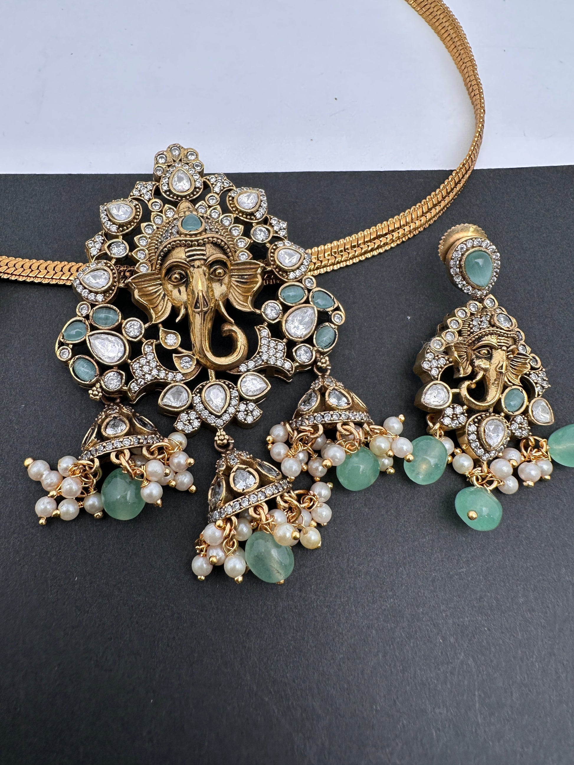 Ganesha Nakshi Color Stone Kundan Victorian Mehndi Finish Pendent Set - LightGreen