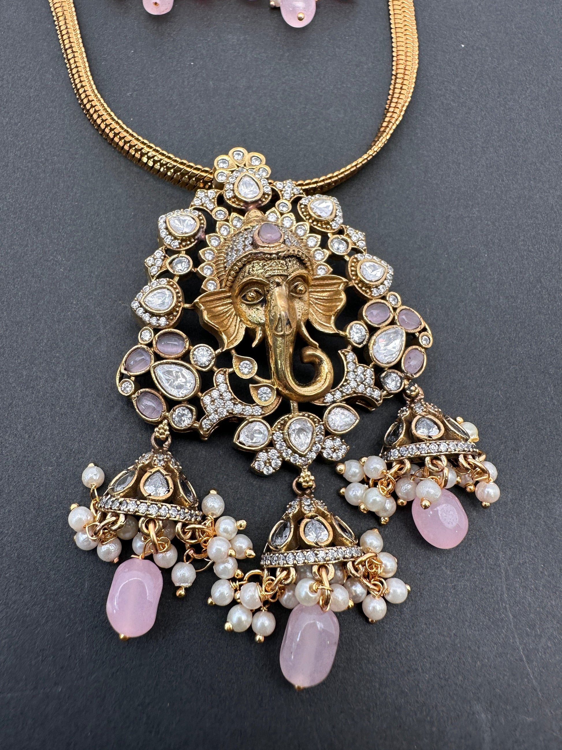 Ganesha Nakshi Color Stone Kundan Victorian Mehndi Finish Pendent Set - Pink