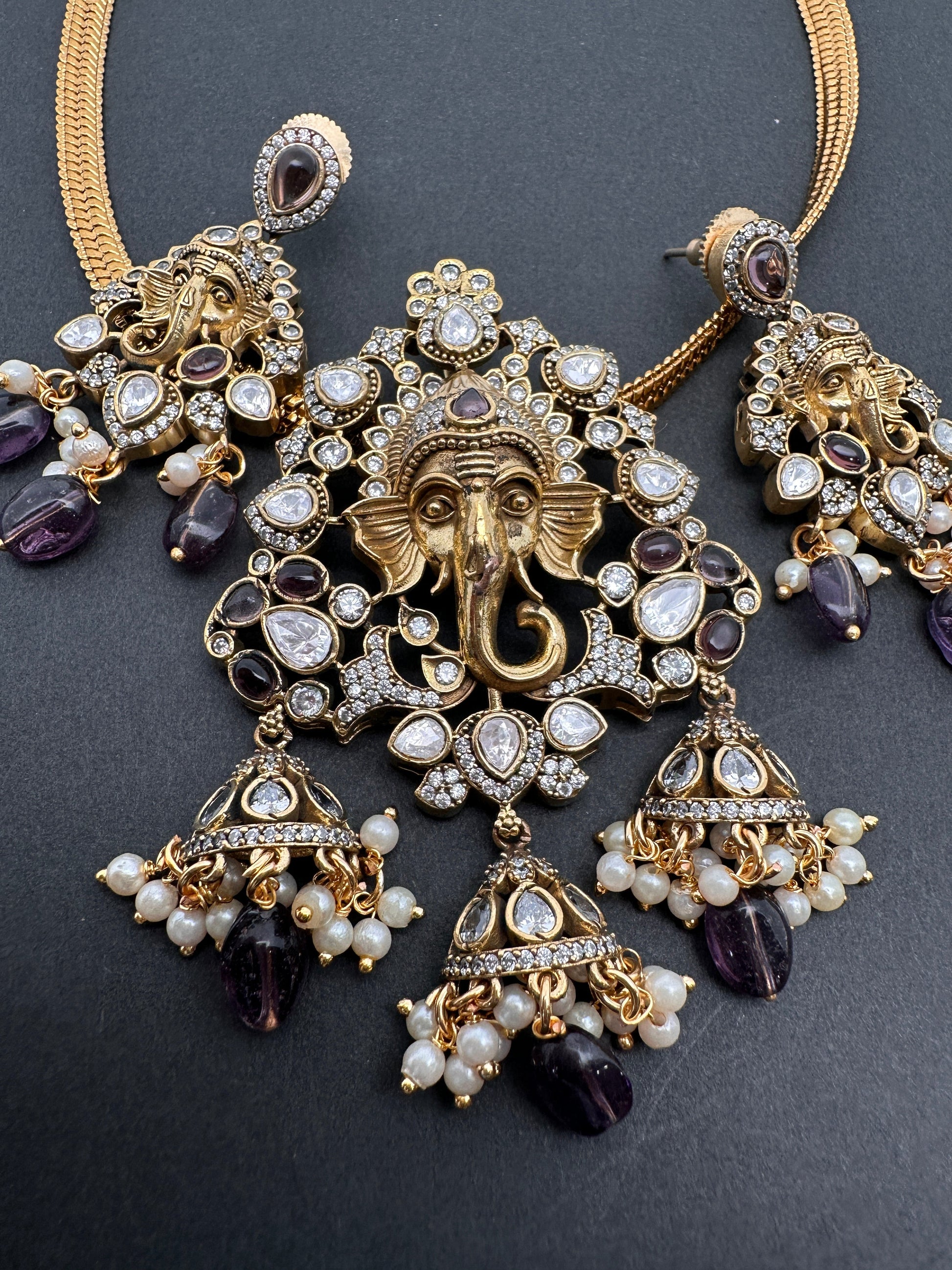 Ganesha Nakshi Color Stone Kundan Victorian Mehndi Finish Pendent Set - Purple