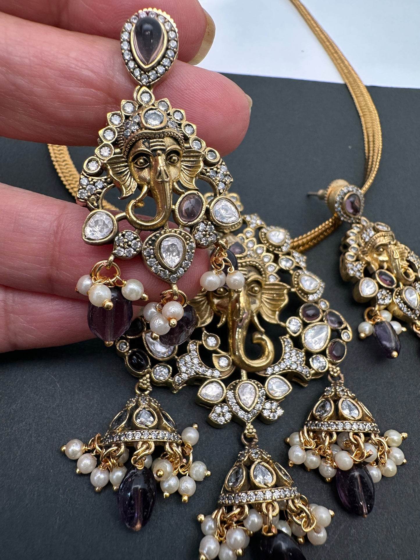 Ganesha Nakshi Color Stone Kundan Victorian Mehndi Finish Pendent Set - Purple