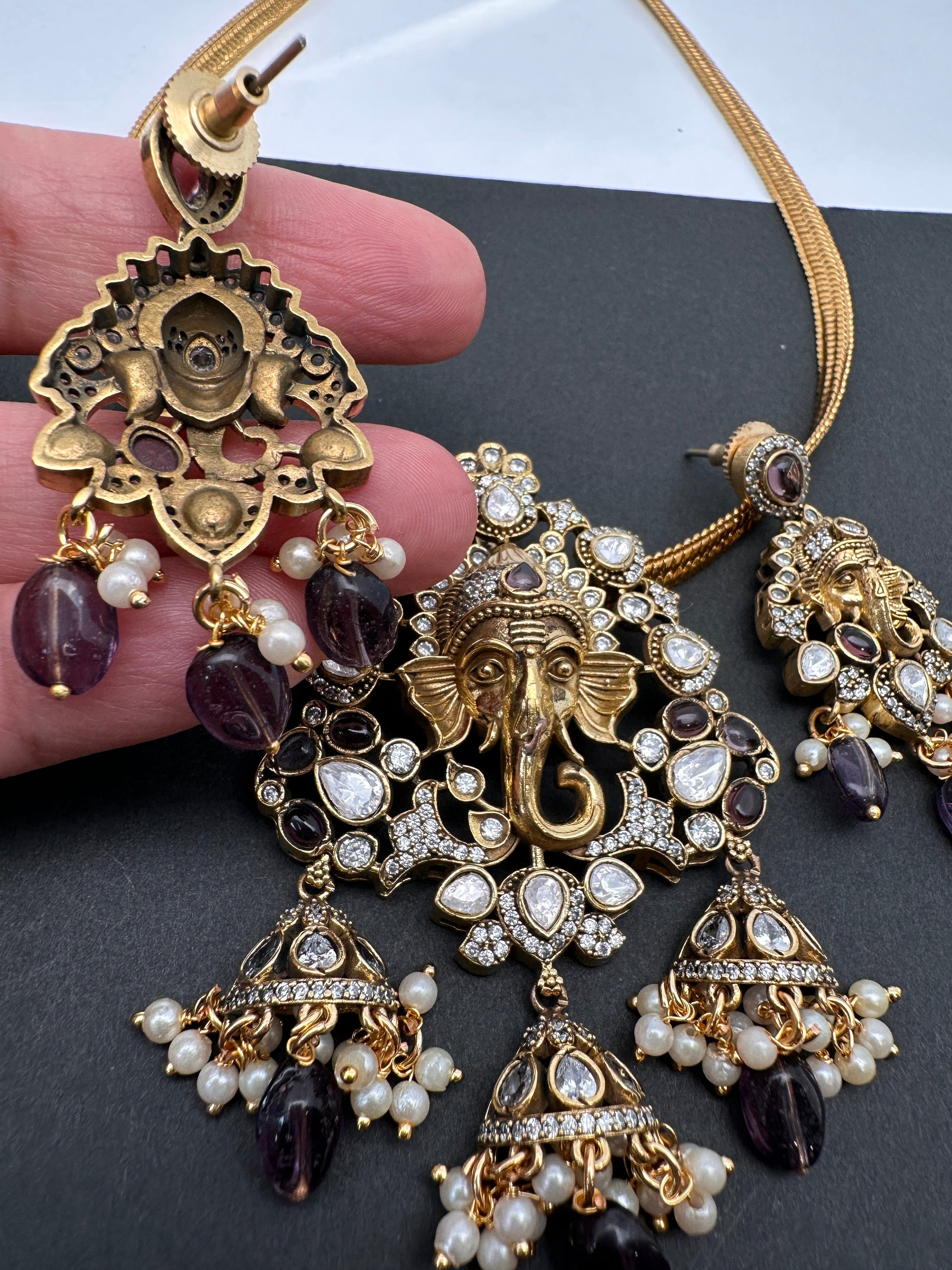 Ganesha Nakshi Color Stone Kundan Victorian Mehndi Finish Pendent Set - Purple