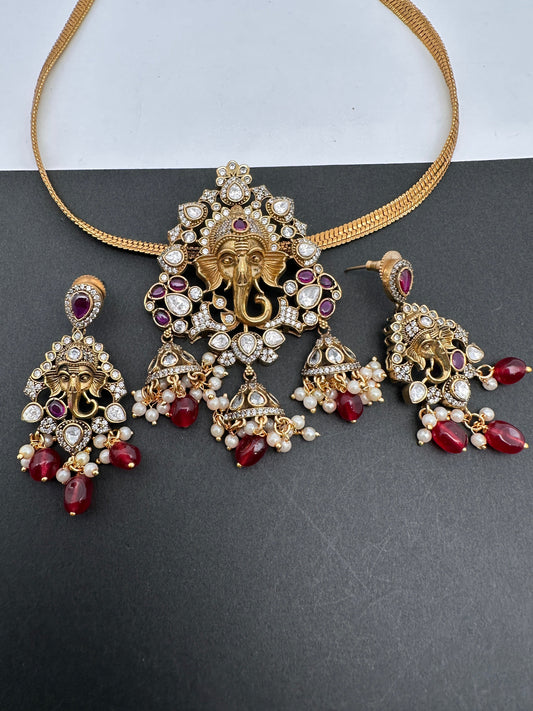 Ganesha Nakshi Color Stone Kundan Victorian Mehndi Finish Pendent Set - Red