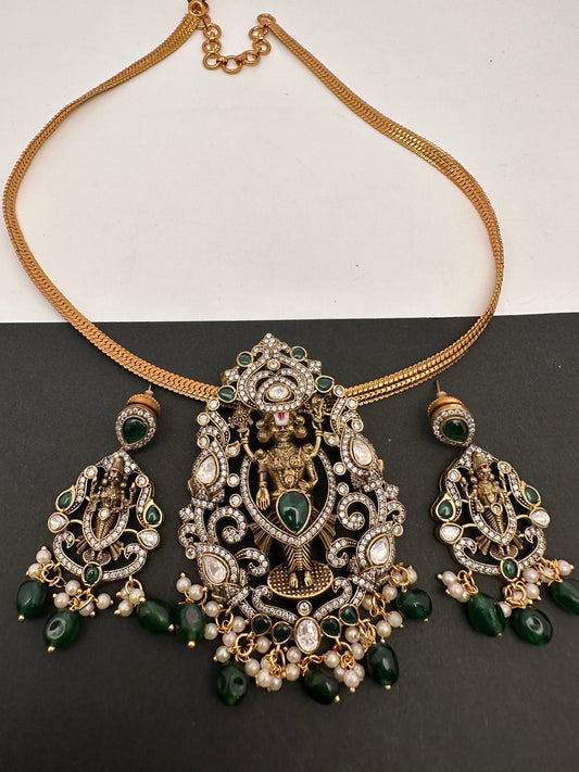 Lord Balaji Nakshi Color Stone Kundan Victorian Mehndi Finish Pendent Set - Green