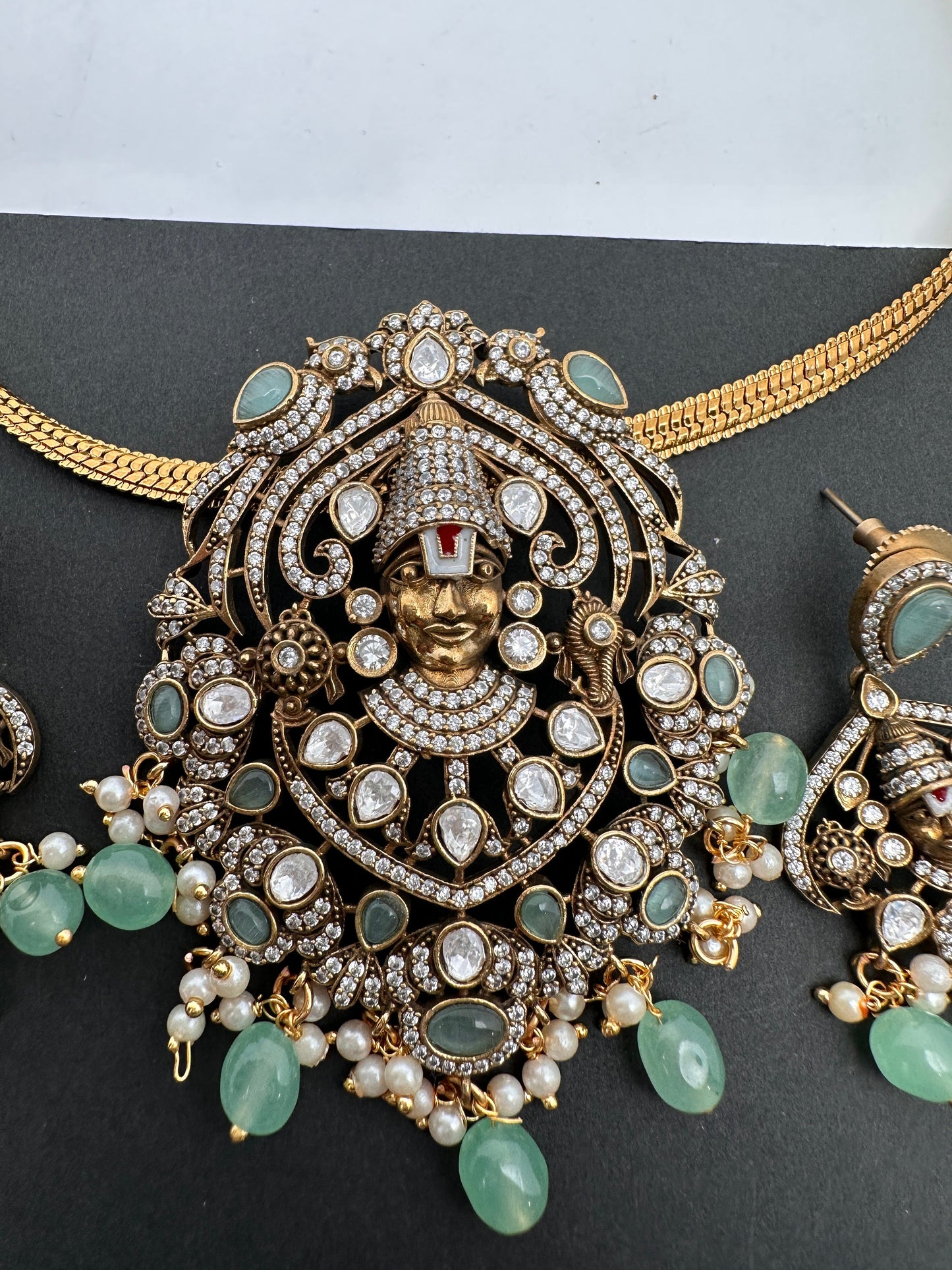 Lord Balaji Nakshi Color Stone Kundan Victorian Mehndi Finish Pendent Set - Green