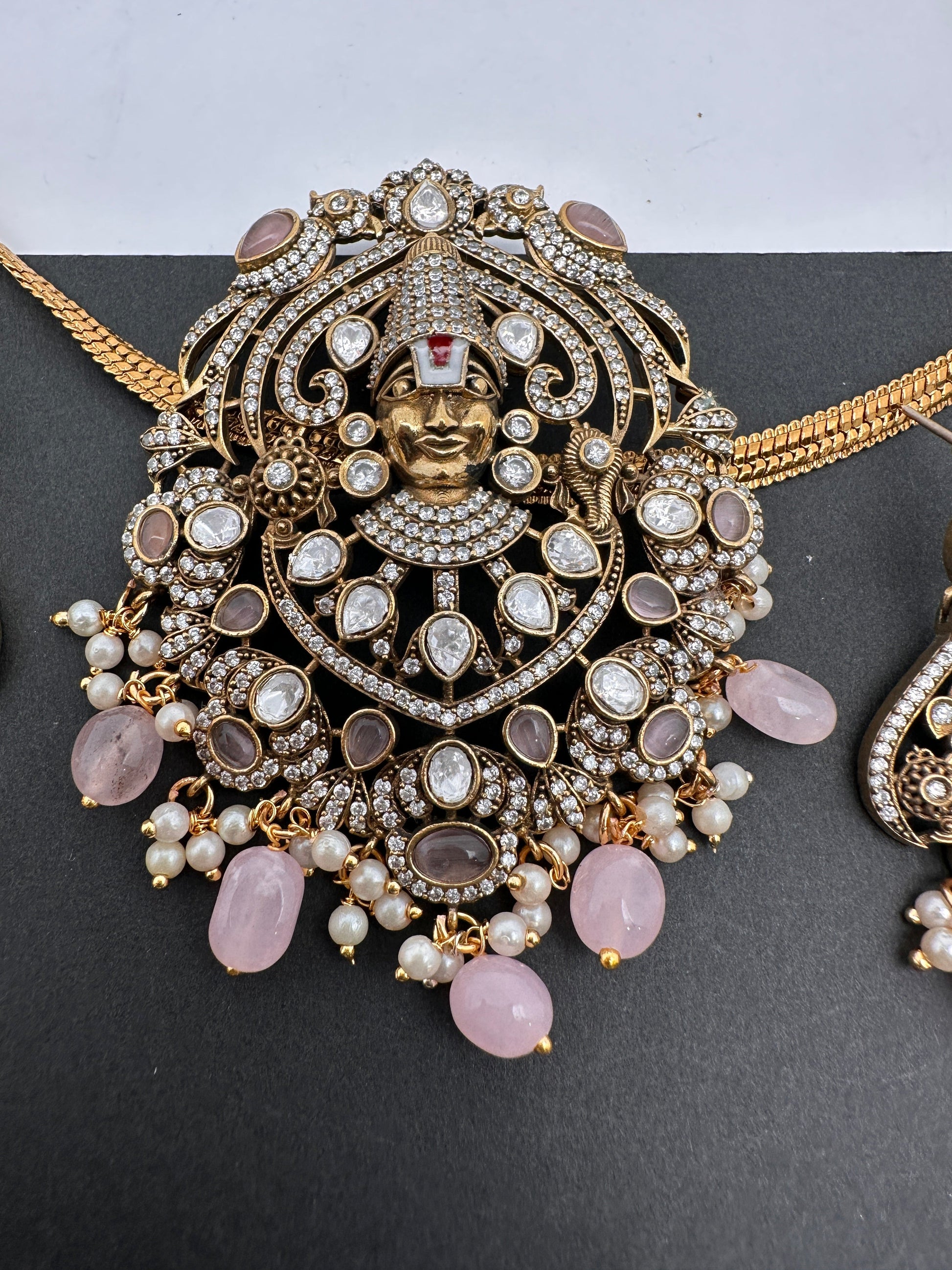 Lord Balaji Nakshi Color Stone Kundan Victorian Mehndi Finish Pendent Set - Pink