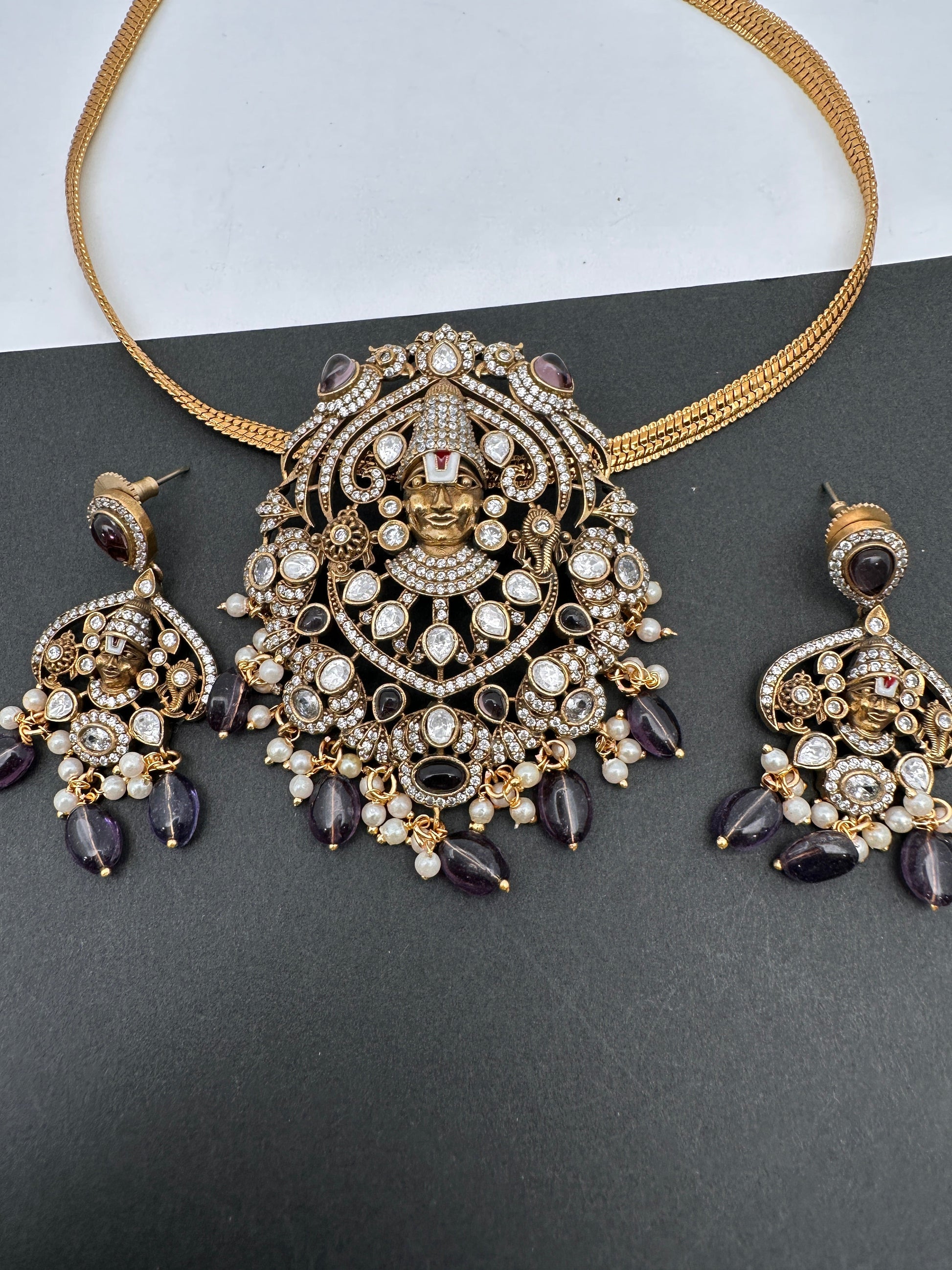 Lord Balaji Nakshi Color Stone Kundan Victorian Mehndi Finish Pendent Set - Purple