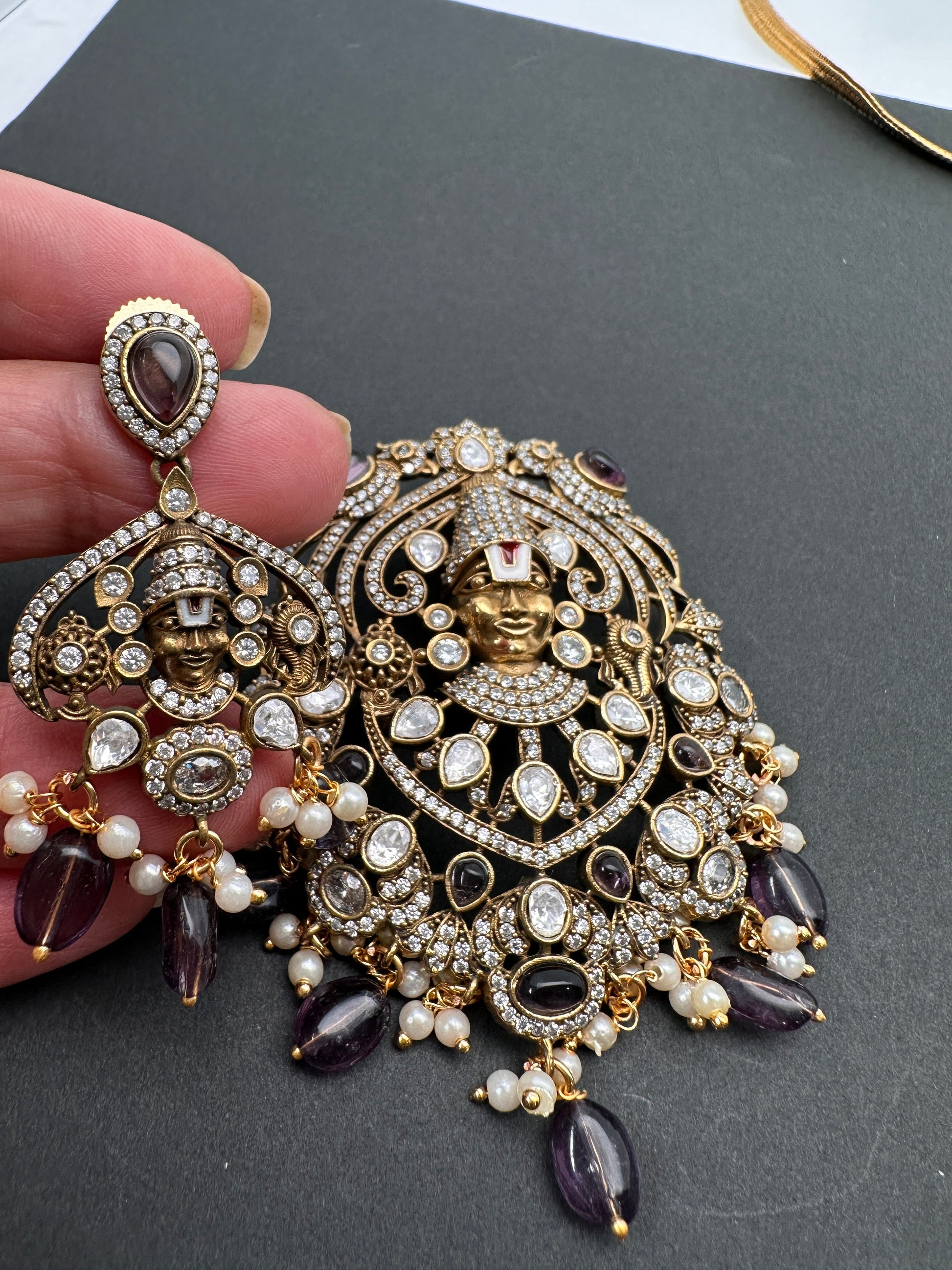 Lord Balaji Nakshi Color Stone Kundan Victorian Mehndi Finish Pendent Set - Purple