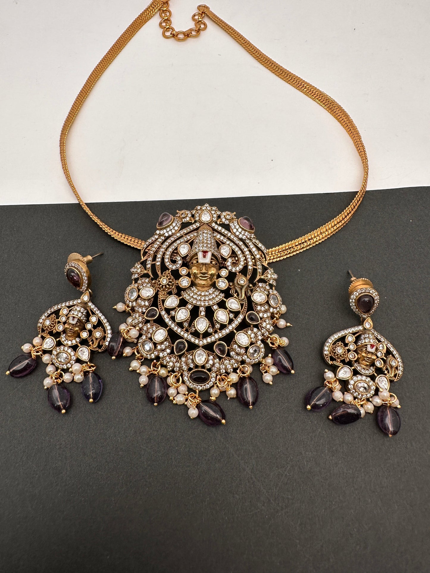 Lord Balaji Nakshi Color Stone Kundan Victorian Mehndi Finish Pendent Set - Purple