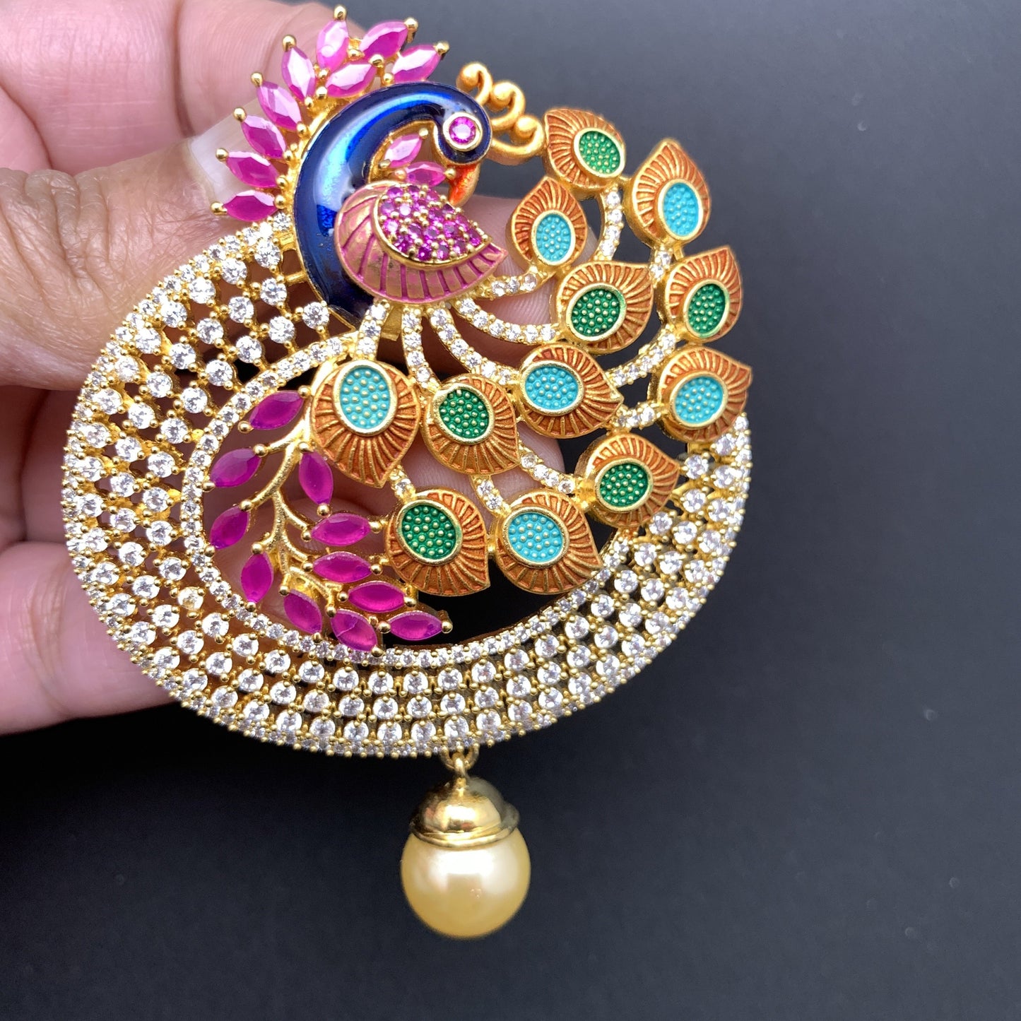 Peacock with American diamonds Ruby stones and meenakari Paint Big  Pendent Set