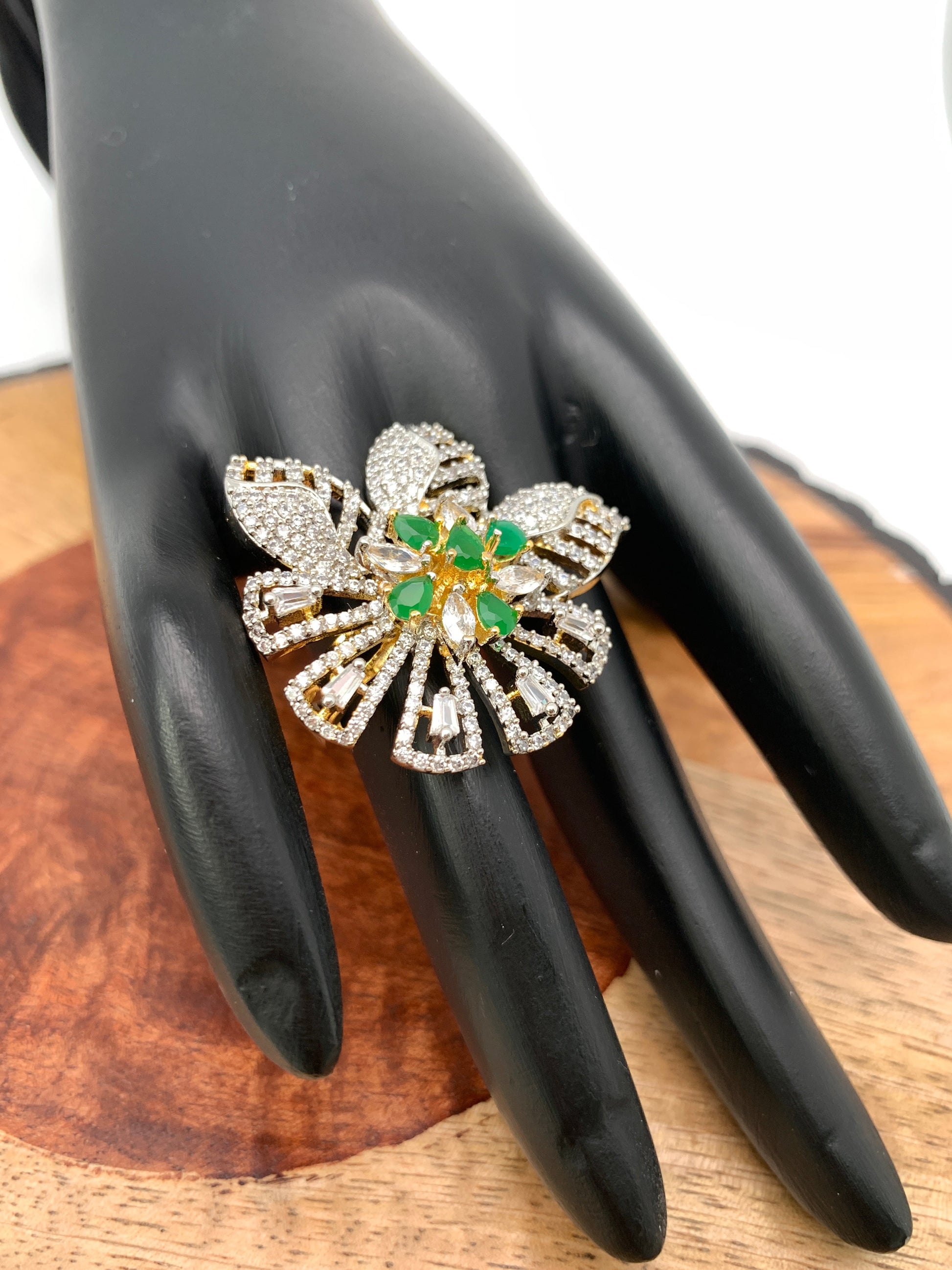 AD Green Stone Floral Ring