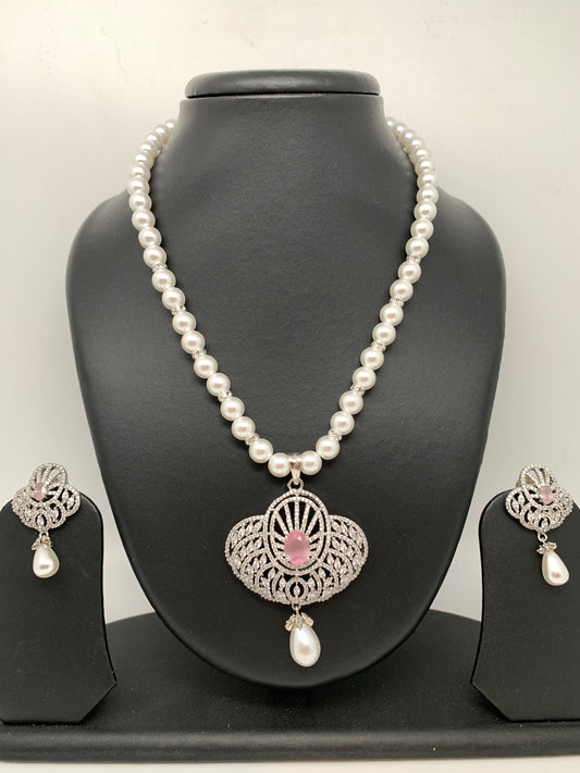 Pink Stone AD Pendent with Shell Pearl Necklace