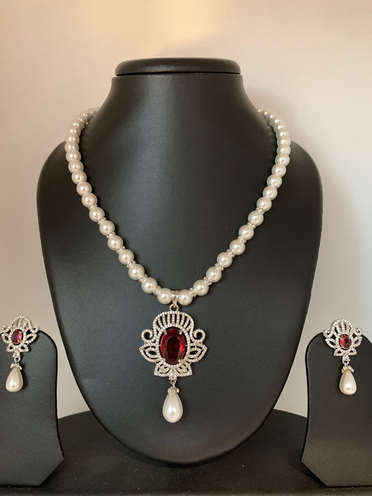 Wine Red Stone AD Pendent with Shell Pearl Necklace