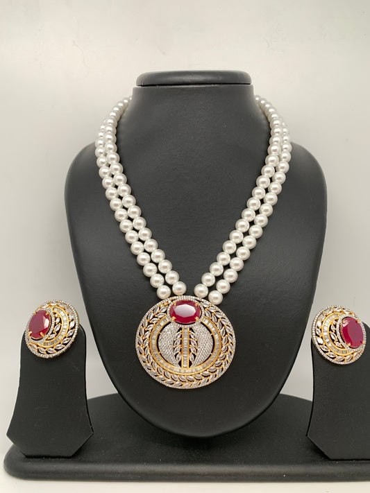 Red Stone AD Pendent Double Line Shell Pearl Necklace