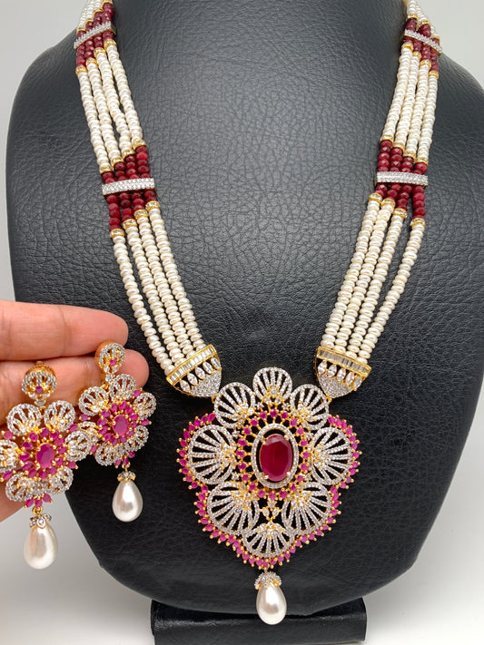 Ruby Red Stone AD Pendent Traditional Raani Haar with Real Pearls