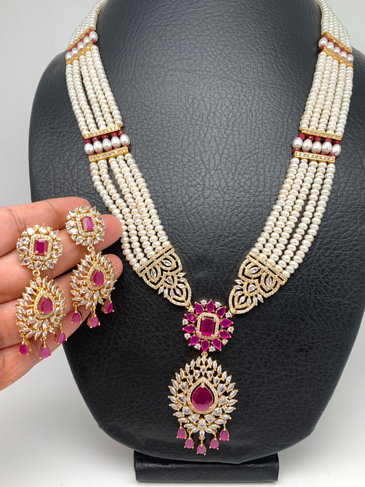 Ruby Red Stone AD Pendent Traditional Raani Haar with Real Pearls