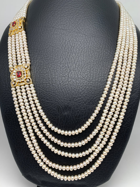 Champagne Red Stone AD Side Pendent Traditional 5 Strand Raani Haar with Real Pearls