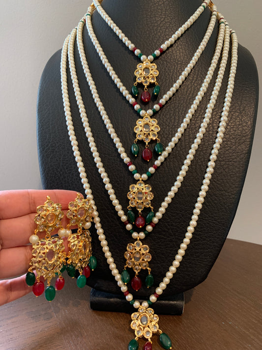 Red Green Stone AD 5 Line Panch Lada Necklace