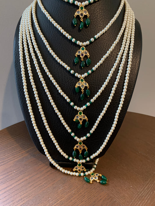 Green Stone AD Pearls 7 Line Saat Lada Necklace