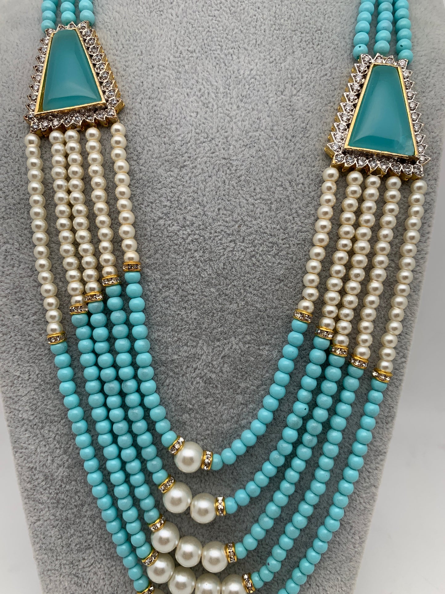 Teal Stone AD Side Pendent Teal Beads Pearls Necklace