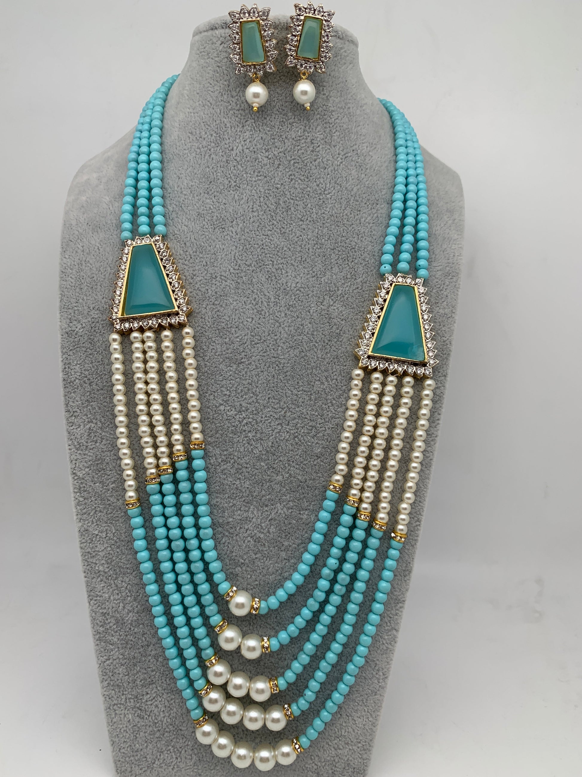 Teal Stone AD Side Pendent Teal Beads Pearls Necklace