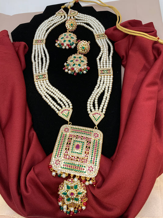 Hyderabadi Jadau Multi Color Square Pendent Rani Haar