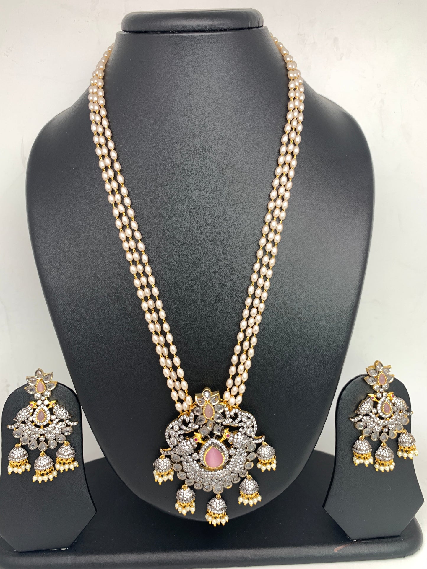 AD Pink Stone Pendent Rice Pearl Mala