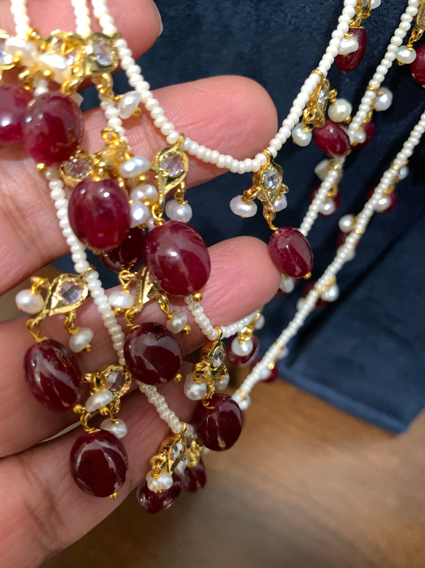 Multi Layer Three line Red Stone Real Ruby Beads Necklace