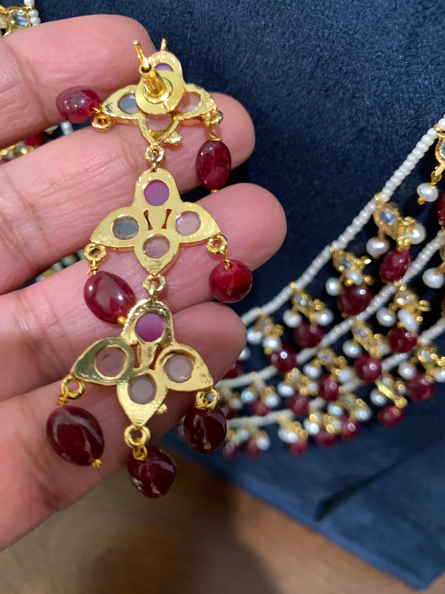 Multi Layer Three line Red Stone Real Ruby Beads Necklace