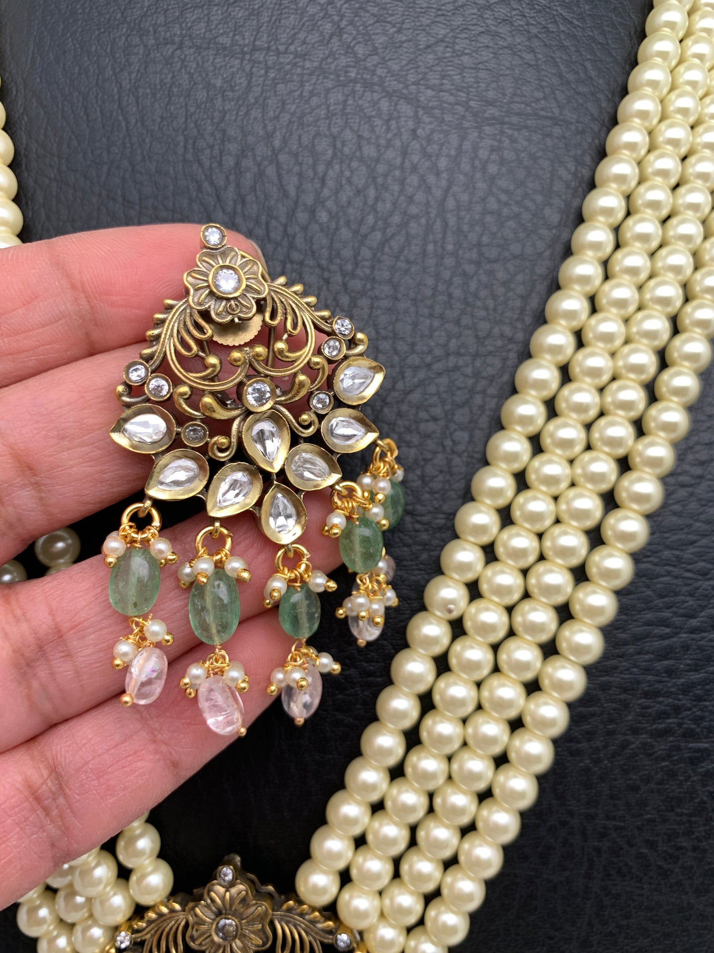 RamParivar Kundan Antique Victorian Polish Pendent Pearl Mala Necklace