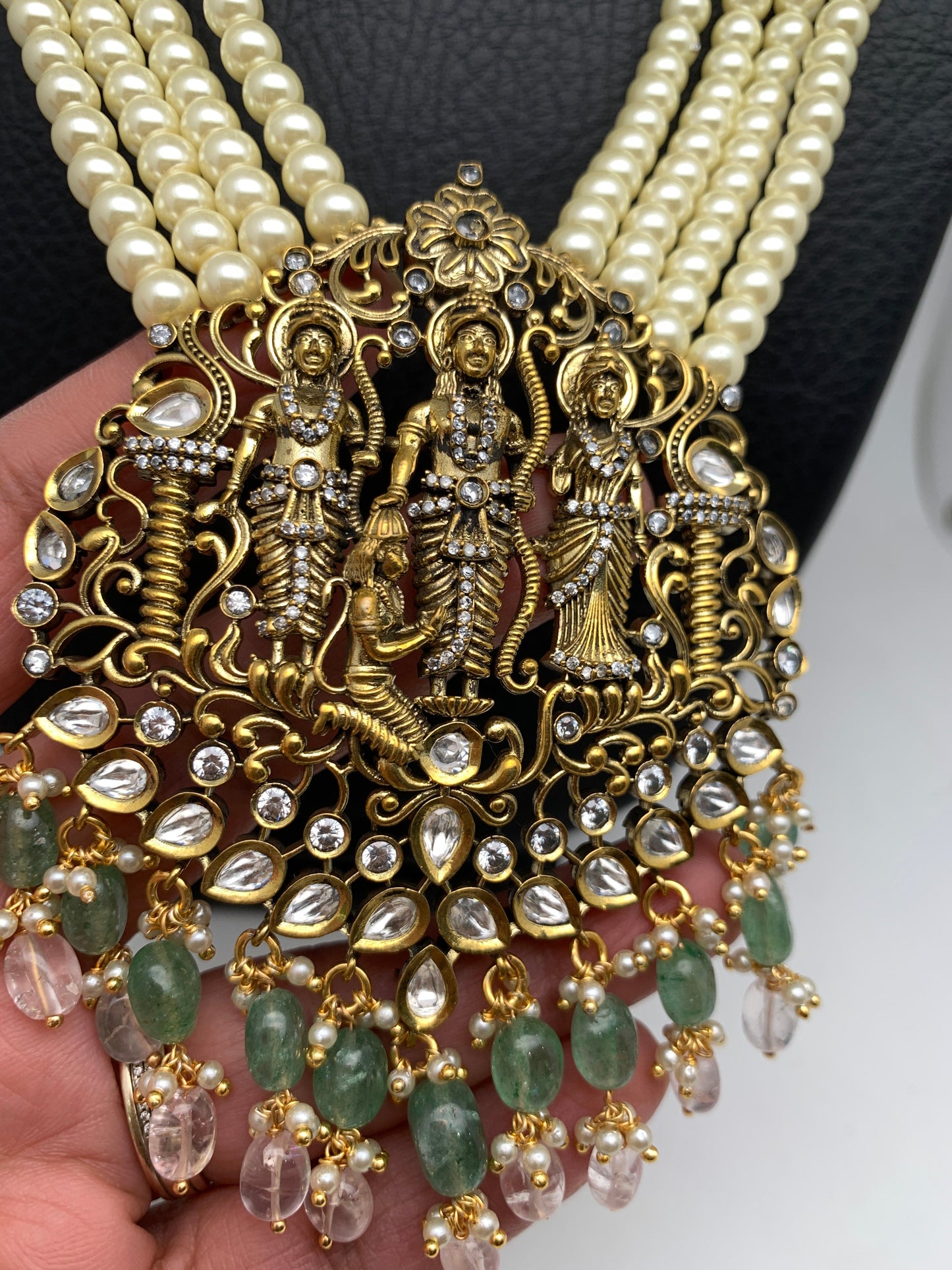 RamParivar Kundan Antique Victorian Polish Pendent Pearl Mala Necklace