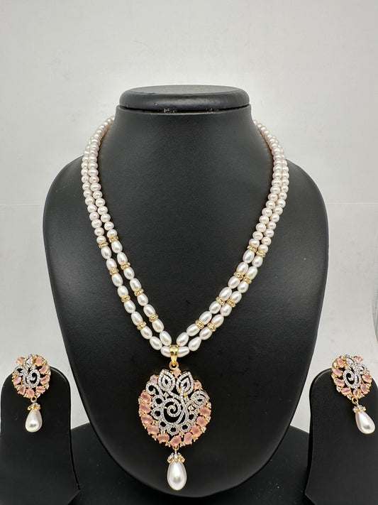 Pink Stone AD Pendent Double Line Real Freshwater Pearls Necklace