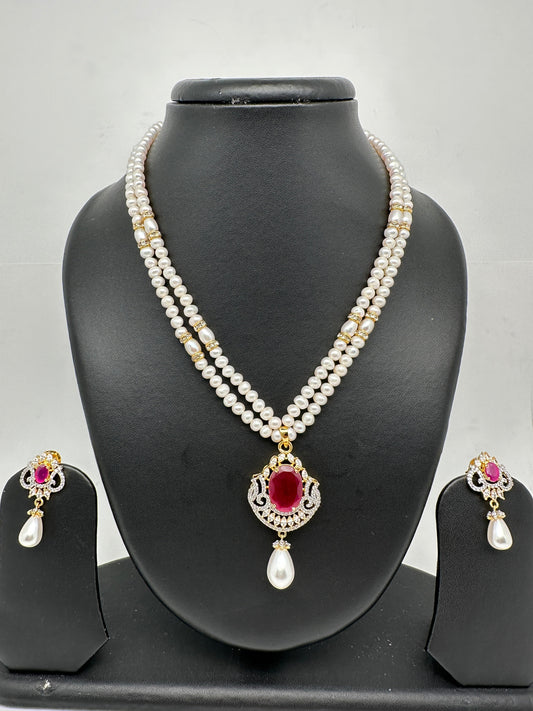 Ruby Red Stone AD Pendent Double Line Real Freshwater Pearls Necklace