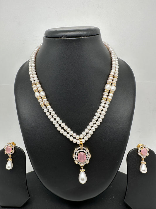 Pink Stone AD Pendent Double Line Real Freshwater Pearls Necklace