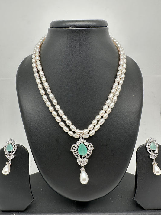 Mint Green Stone AD Pendent Double Line Real Kalagi Freshwater Pearls Necklace