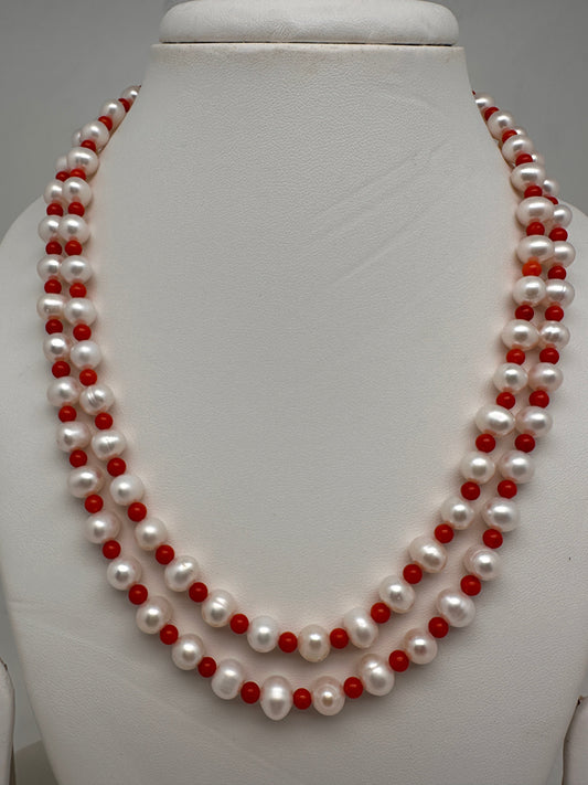 Real Pearl Real Coral 2 Strands Moonga Moti Mala Necklace