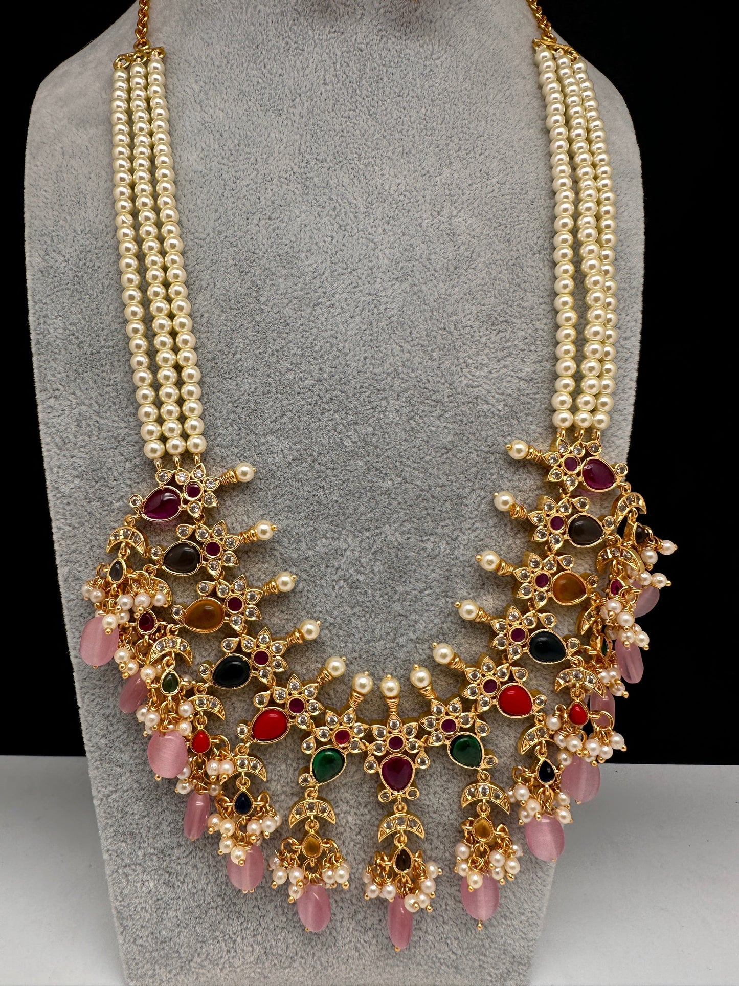 Navratan Pink Beads Pearls Mala Necklace