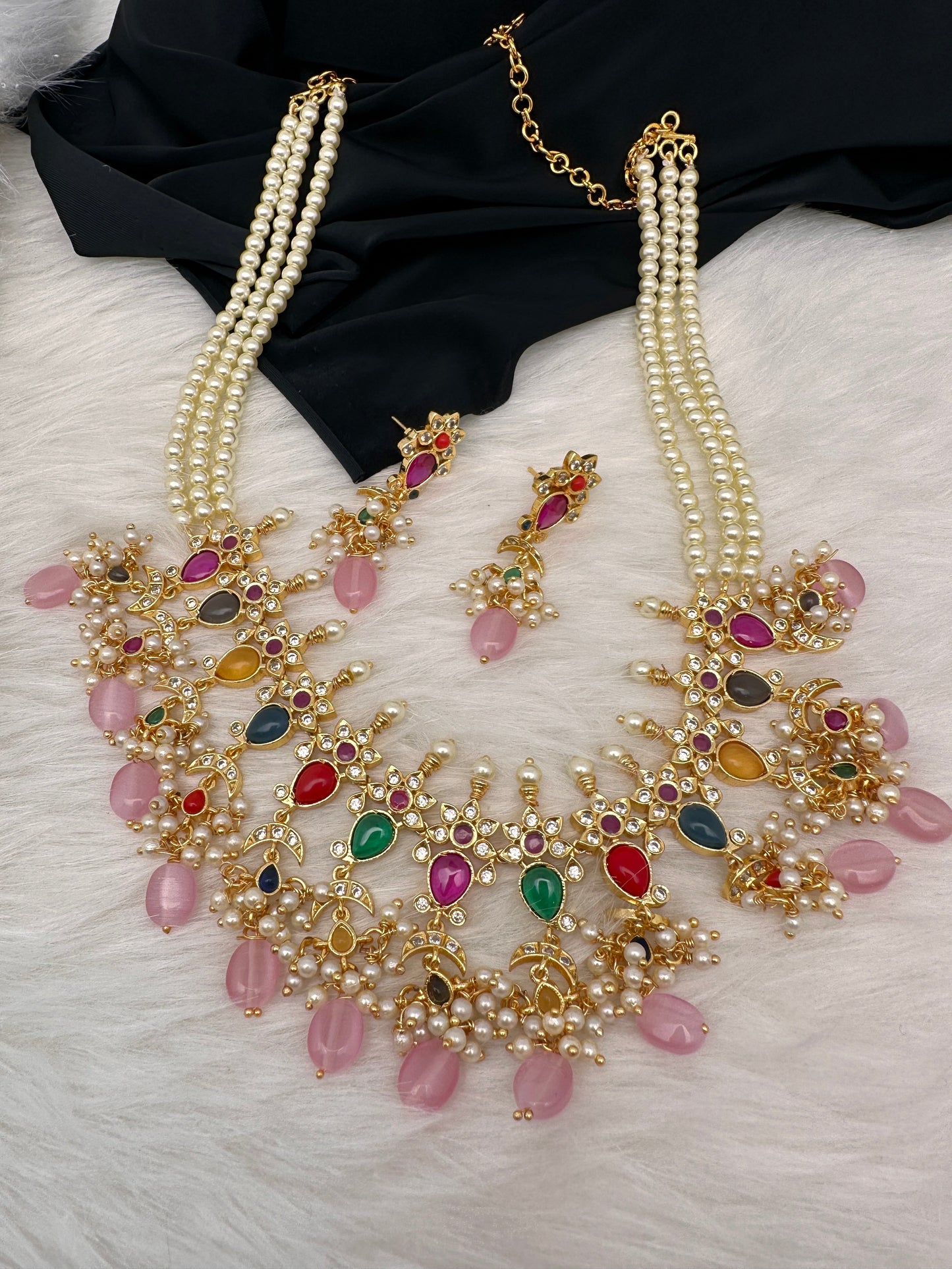 Navratan Pink Beads Pearls Mala Necklace