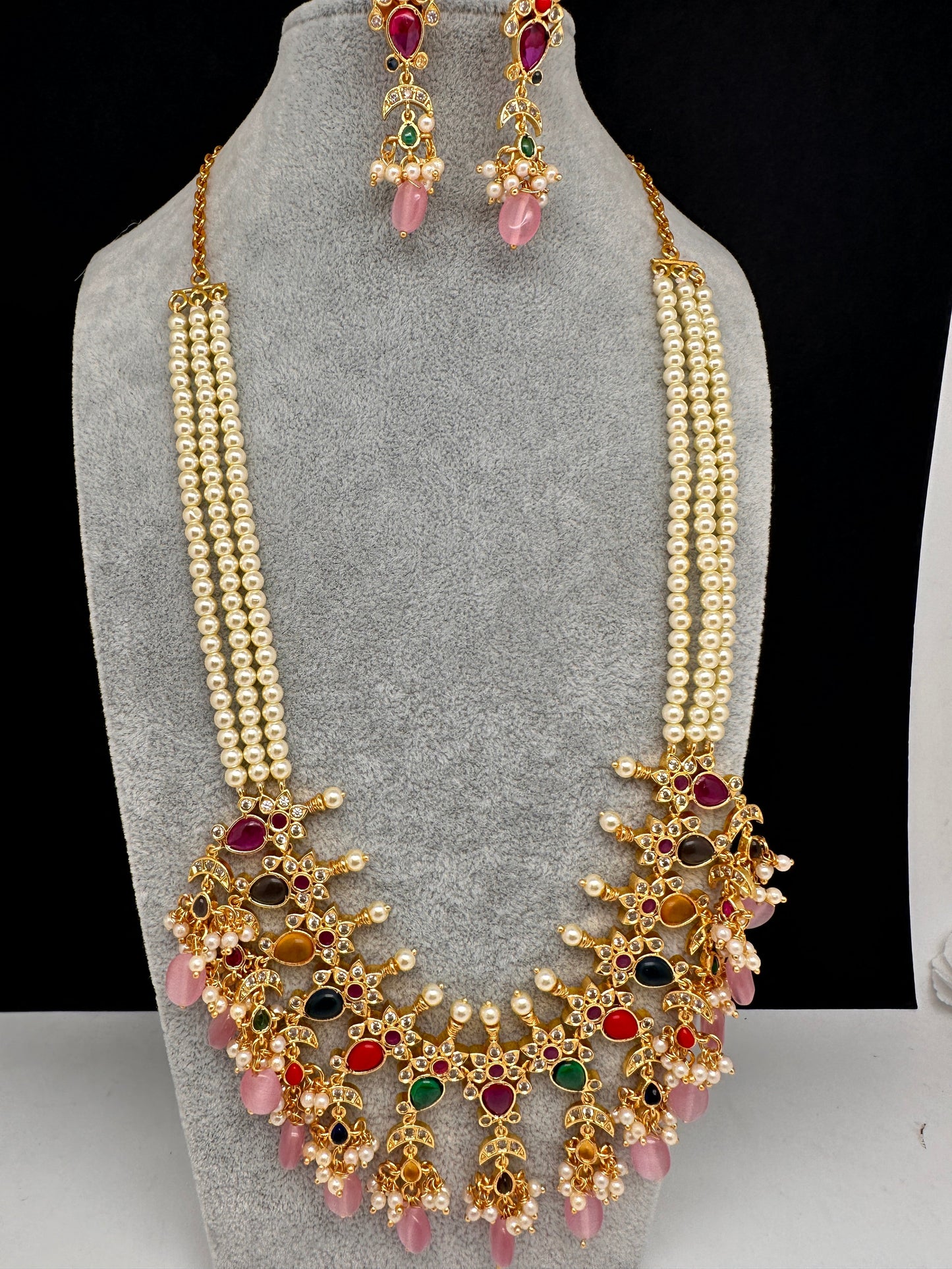 Navratan Pink Beads Pearls Mala Necklace