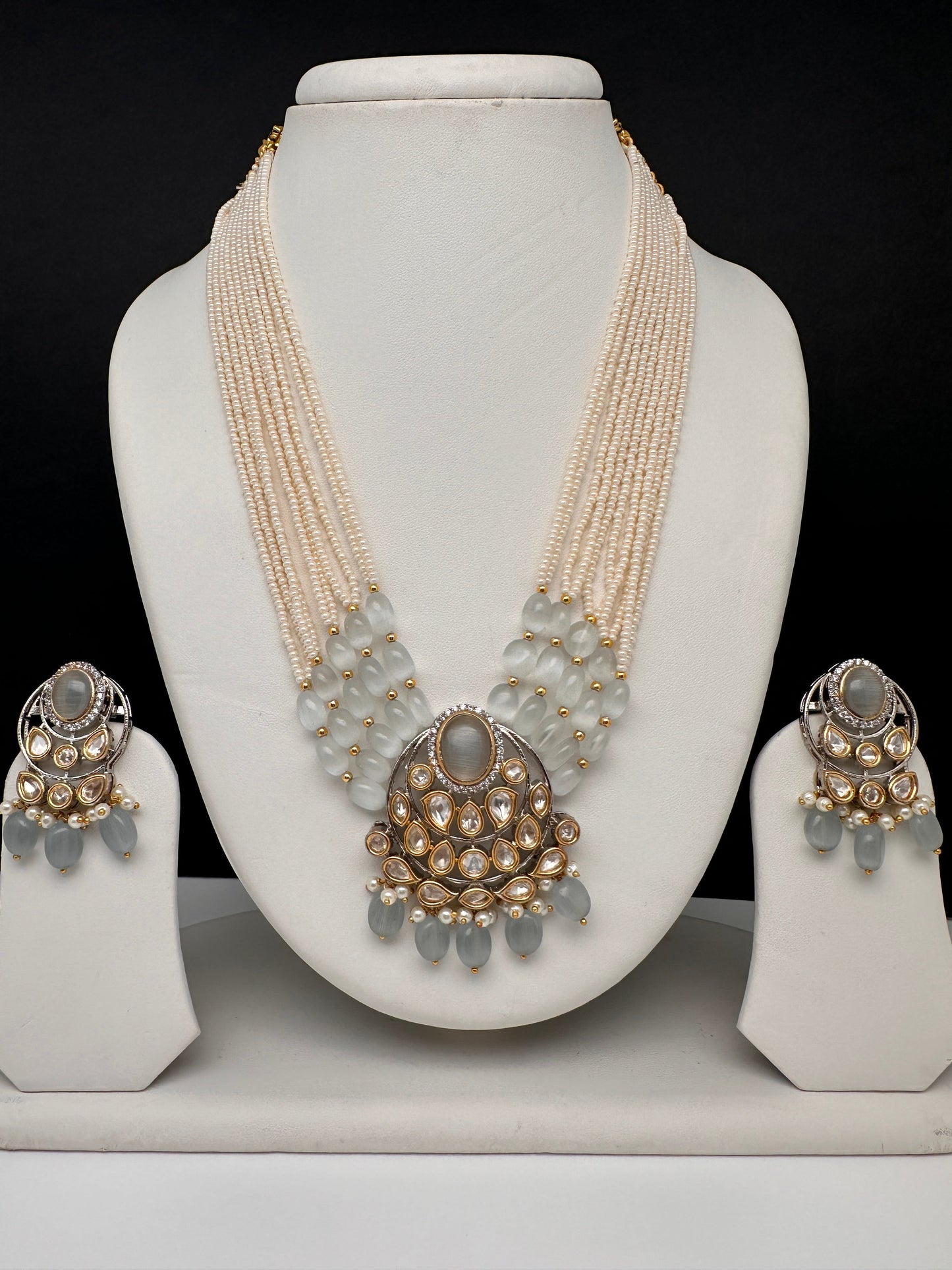 Kundan Grey Stone Short  Pearls Necklace