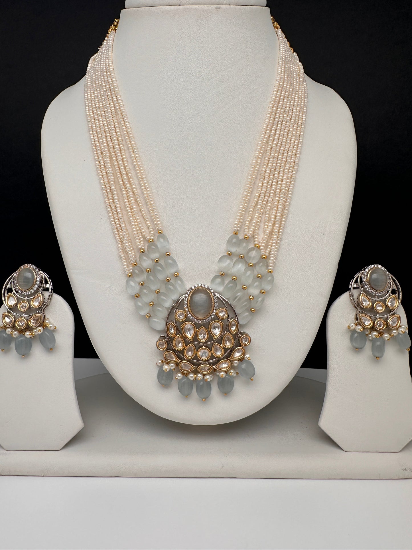 Kundan Grey Stone Short  Pearls Necklace