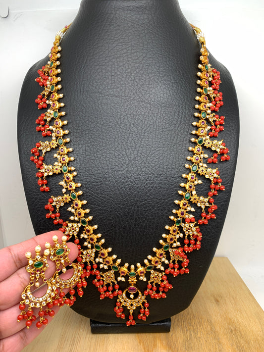 Red Beads Chandbali Style Medium Length Guttapusalu