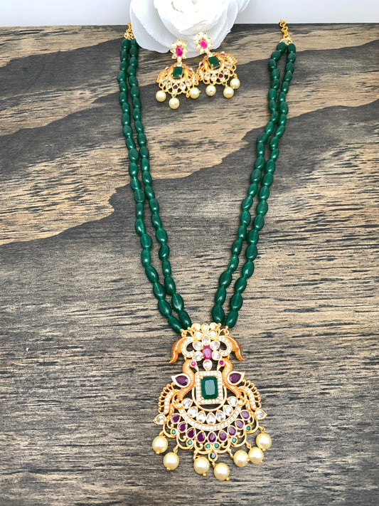 Peacock Pendent Necklace with Green Monalisa Beads