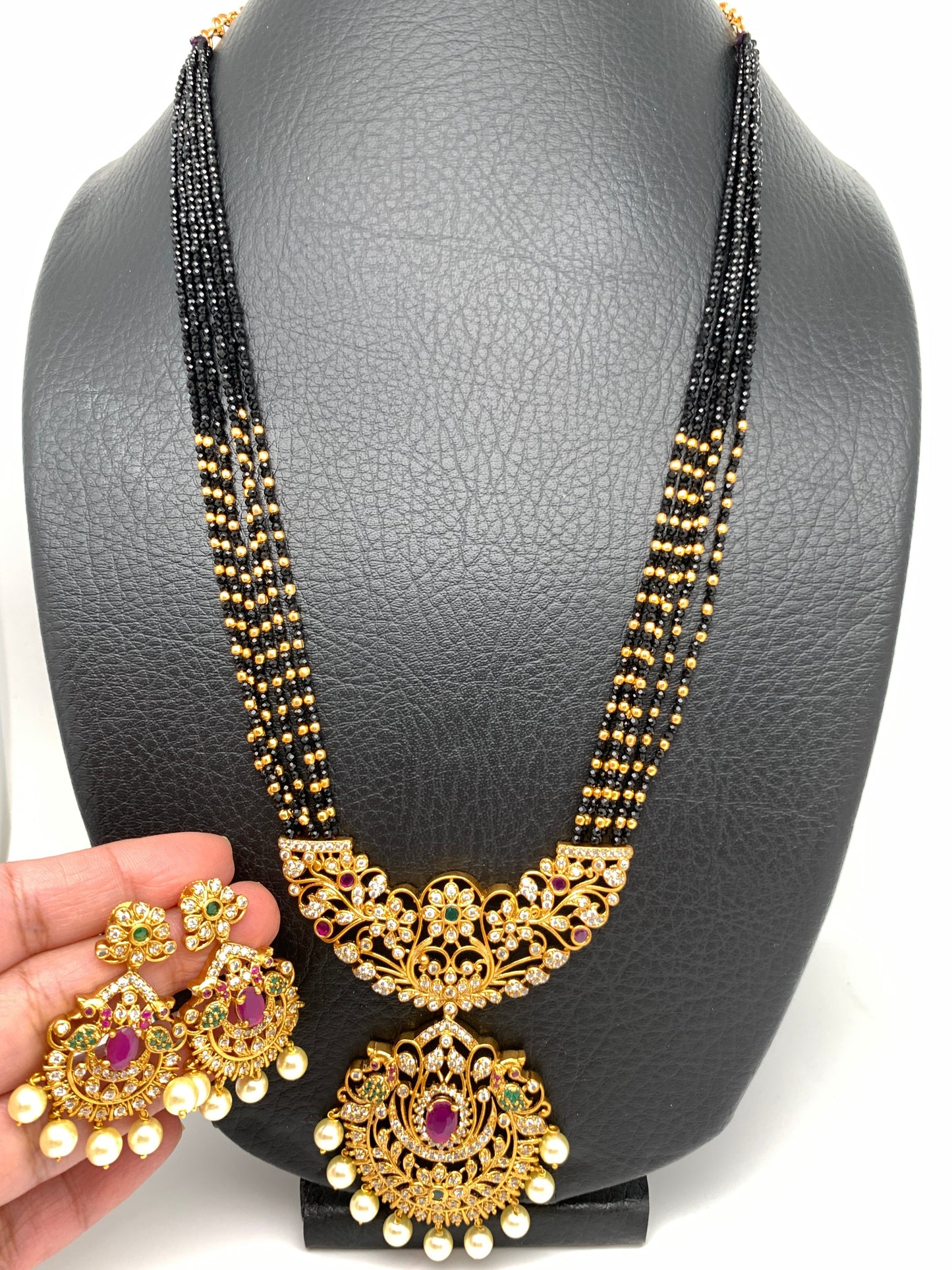 Peacock pendent Black and Golden Crystal Beads Long Necklace