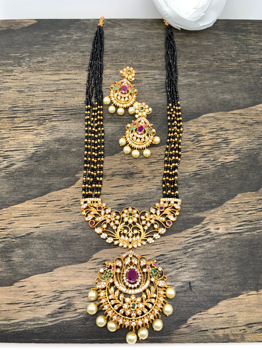 Peacock pendent Black and Golden Crystal Beads Long Necklace