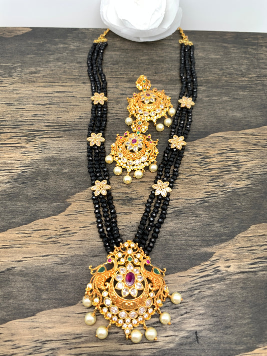 Multi Stone Floral pendent Black Crystal beads Long Necklace