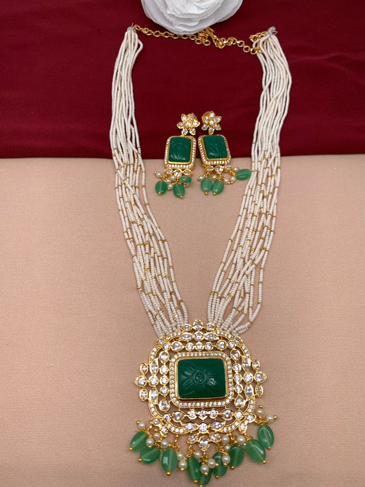 Carved Green Stone AD Monalisa Beads Pendent Hydro Pearl and Golden beads Raani Haar