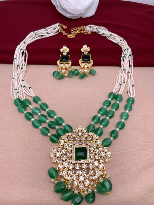 Green Monalisa and Micro Pearl Beads Green Stone and CZ Pendent Long Necklace