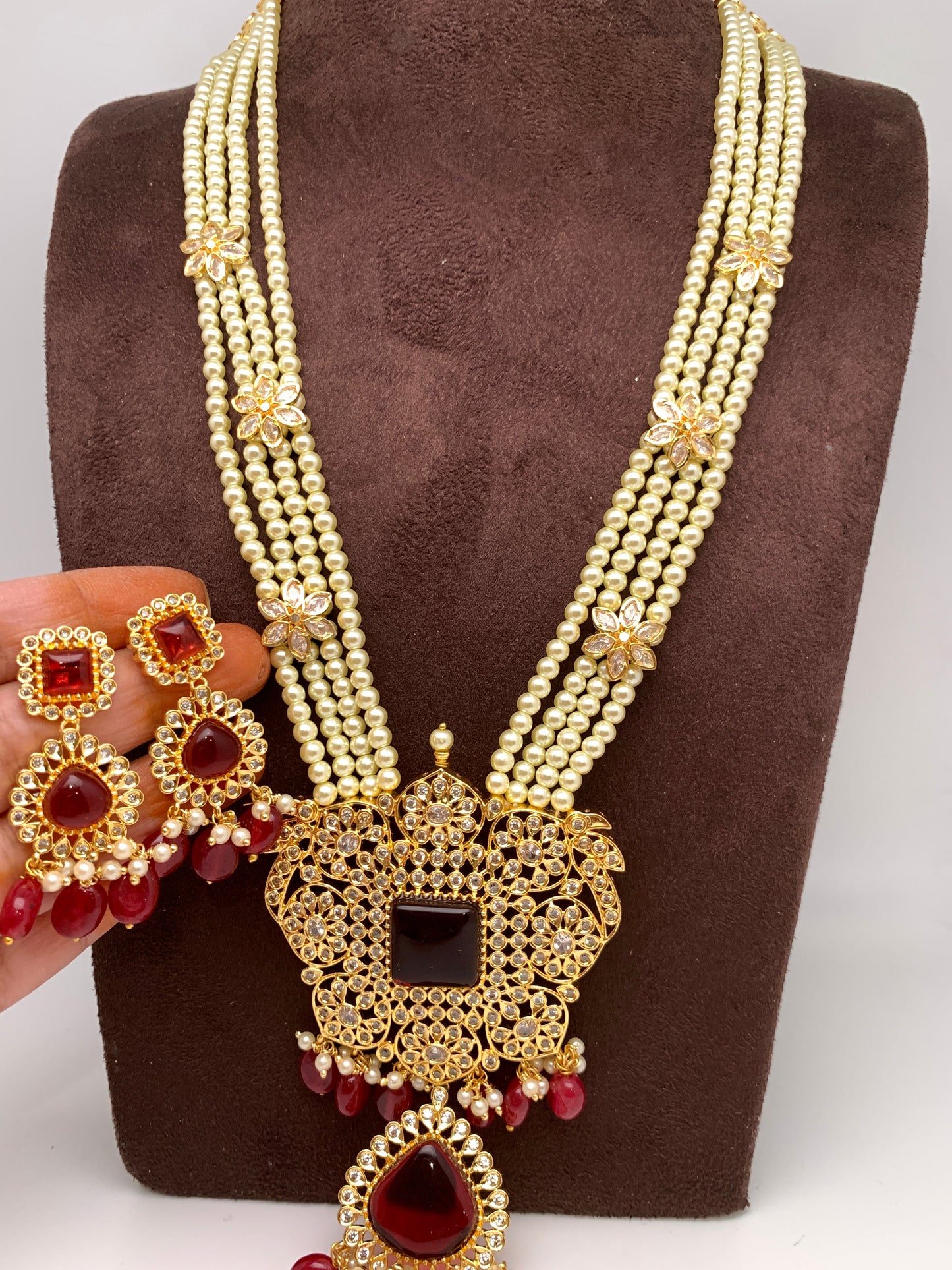 Red Stone CZ Red Beads and Pearl Long Rani Haar